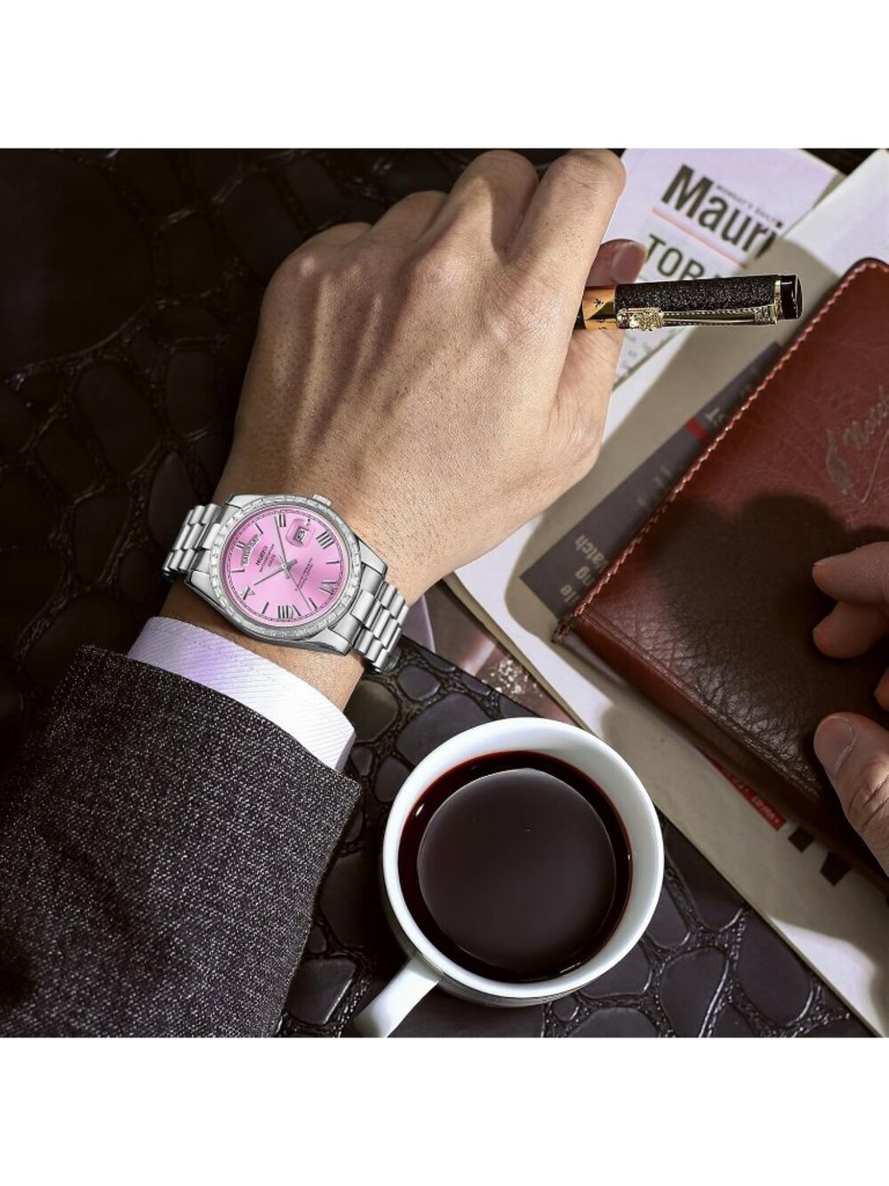 Nibosi Men's Silver Pink Analog Quartz Diamond Bezel Stainless Waterproof Watch - Picture 5 of 6